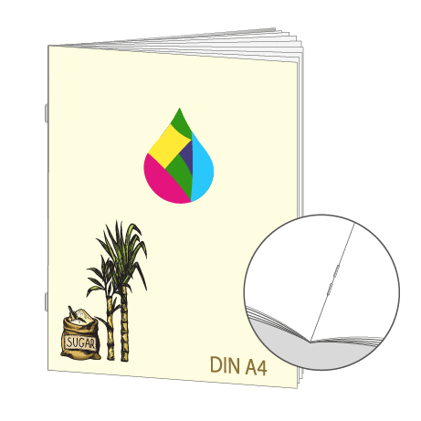 Broschüre aus Zuckerrohrpapier | DIN A4 16-Seiter | bedruckt