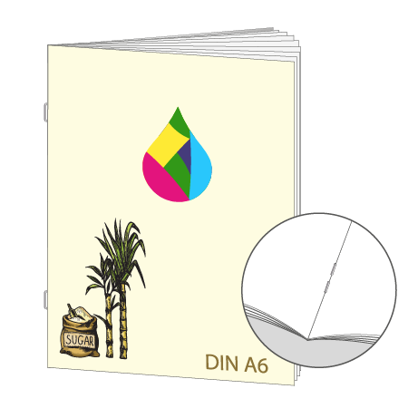 Broschüre aus Zuckerrohrpapier | DIN A6 20-Seiter | bedruckt