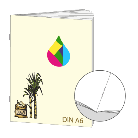 Broschüre aus Zuckerrohrpapier | DIN A6 24-Seiter | bedruckt