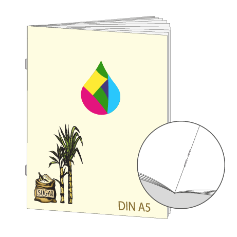 Broschüre aus Zuckerrohrpapier | DIN A5 28-Seiter | bedruckt